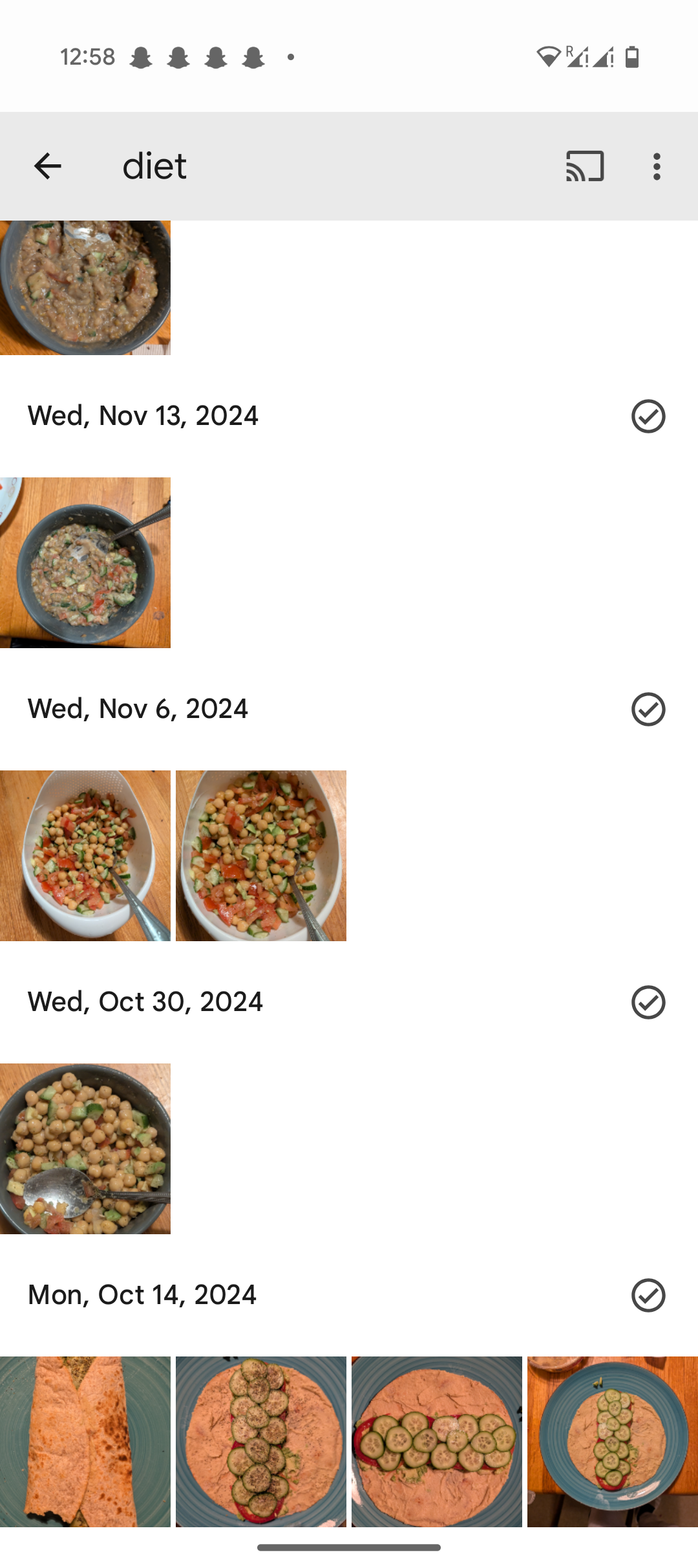A phone album called diet, the same meal dated week after week