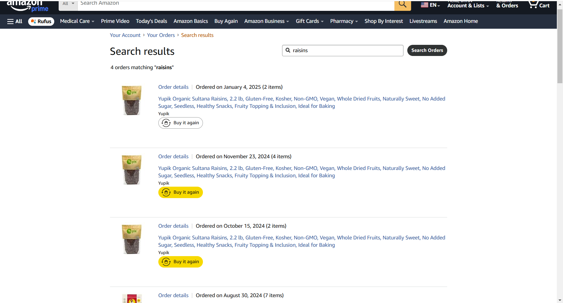 Amazon order history for raisins