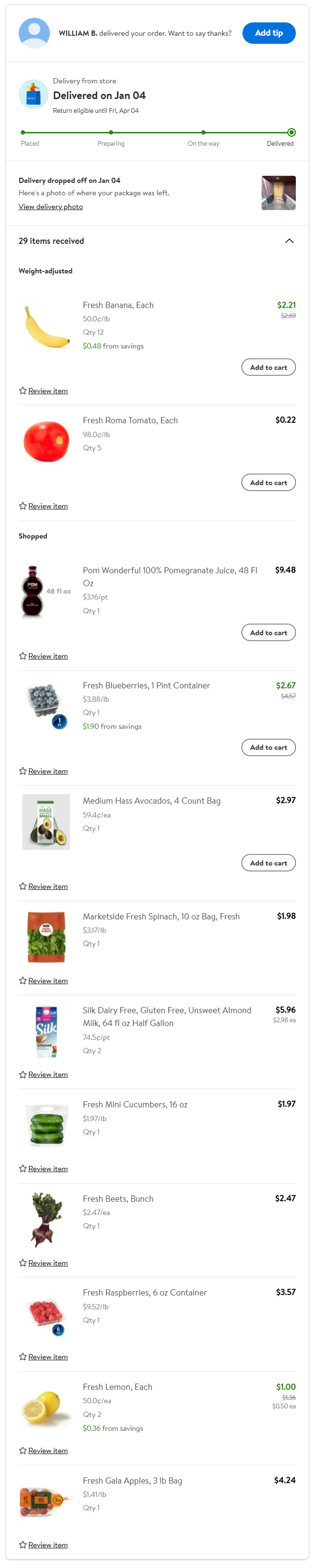 Walmart grocery order